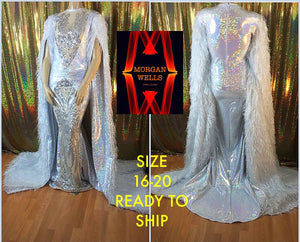 SEQUIN AND HOLOGRAM FLOOR LENGTH FAUX FEATHER SLEEVE SPARKLE STRETCH DRESS IN WHITE SIZE 16-20