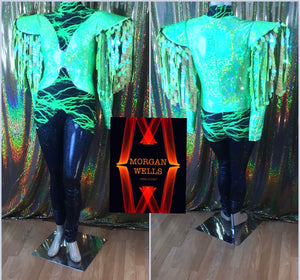 BLACK AND LIME GREEN SEQUIN TRIMMED HOLOGRAM CATSUIT!