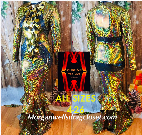 GOLD AND BLACK HOLOGRAM SEQUIN FRINGE FRONT STRETCH DRESS  MORGAN WELLS  DRAG CLOSET