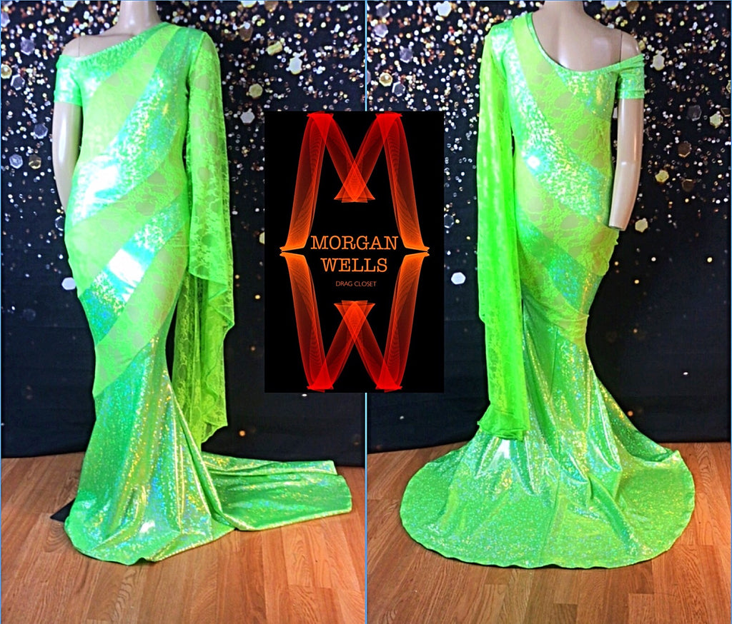 LIME GREEN ONE SHOULDER HOLOGRAM AND LACE STRETCH DRESS