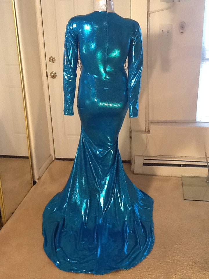 TURQUOISE AND SILVER HOLOGRAM SEQUIN FRONT STRETCH DRESS