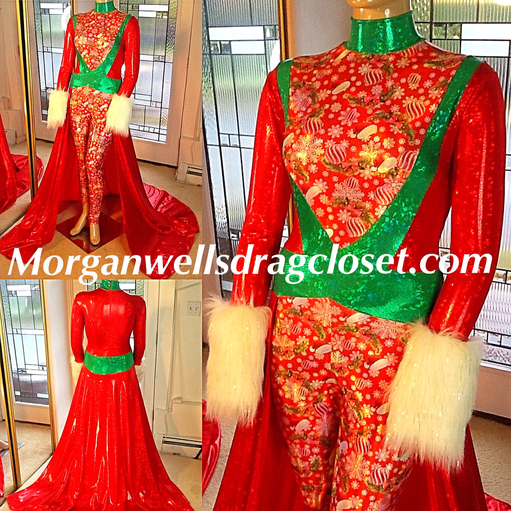RED AND GREEN CHRISTMAS PRINT HOLOGRAM SPANDEX CATSUIT