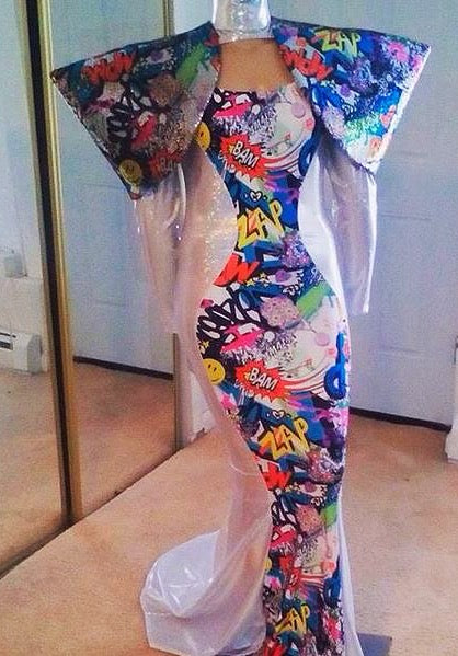 Graffiti Print Padded Sequin Shoulder Stretch Gown