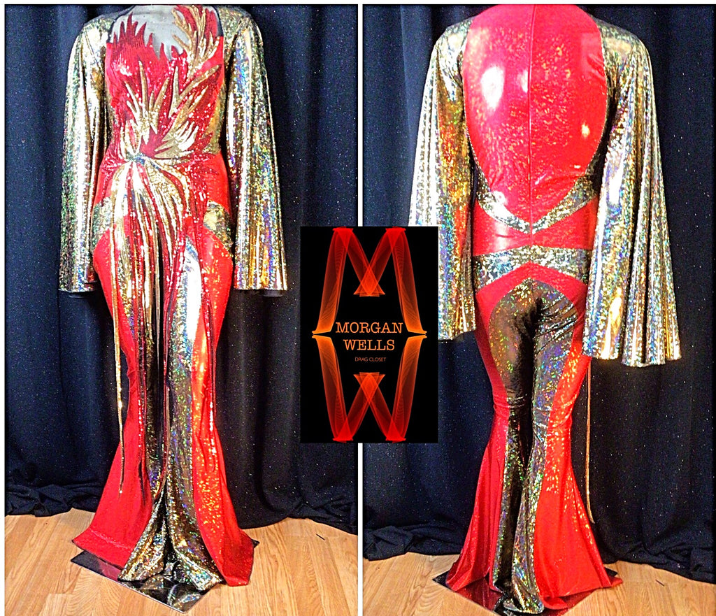 DISCO DOLL HOLOGRAM AND SEQUIN JUMPSUIT IN  RED AND GOLD!