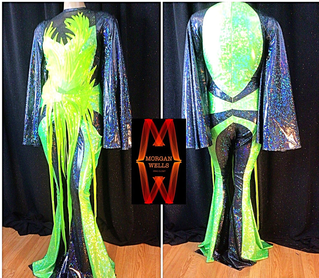 DISCO DOLL HOLOGRAM AND SEQUIN JUMPSUIT IN  LIME AND BLACK!