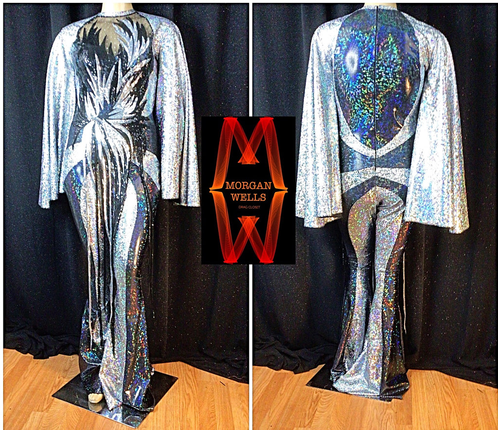 DISCO DOLL HOLOGRAM AND SEQUIN JUMPSUIT IN  SILVER AND BLACK!