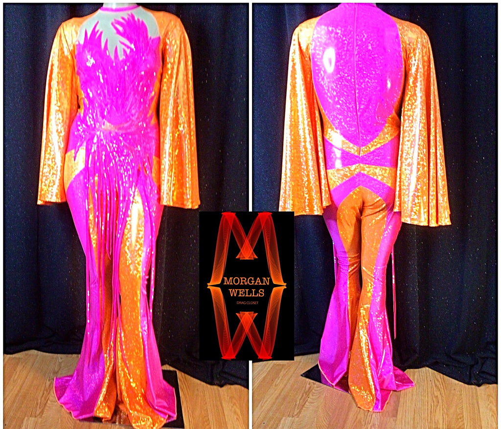 DISCO DOLL HOLOGRAM AND SEQUIN JUMPSUIT IN TANGERINE AND HOT PINK!