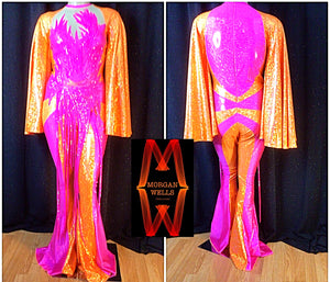 DISCO DOLL HOLOGRAM AND SEQUIN JUMPSUIT IN TANGERINE AND HOT PINK!