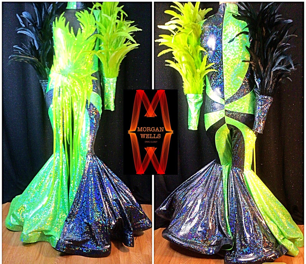 DELUX DISCO DOLL HOLOGRAM FEATHER AND SEQUIN JUMPSUIT IN  LIME AND BLACK!