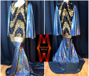 WAVEY DESIGN SEQUIN AND HOLOGRAM GOWN IN BLACK AND GOLD