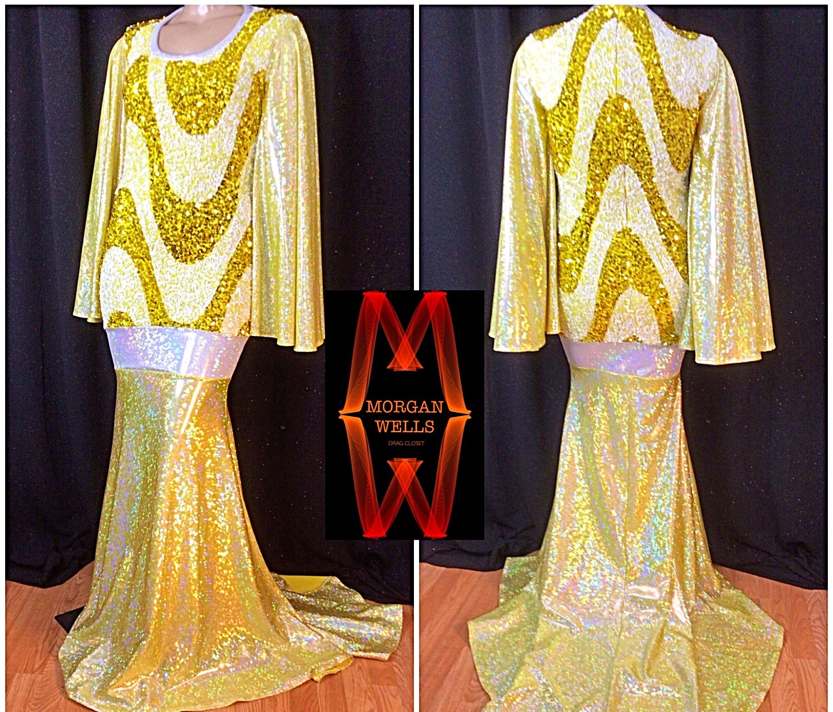 WAVEY DESIGN SEQUIN AND HOLOGRAM GOWN IN YELLOW AND WHITE MORGAN WELLS DRAG CLOSET WAVEY DESIGN SEQUIN AND HOLOGRAM GOWN IN YELLOW AND WHITE MORGAN WELLS DRAG CLOSET