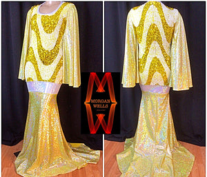 WAVEY DESIGN SEQUIN AND HOLOGRAM GOWN IN YELLOW AND WHITE