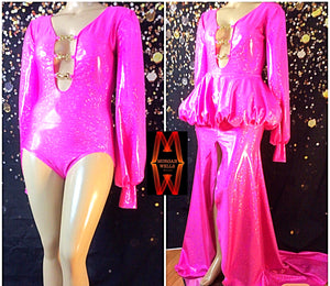 HOT PINK PLUNGING NECK HOLOGRAM LEOTARD AND  MATCHING BUBBLE TOP SKIRT