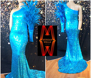 ONE SHOULDER SEQUIN GOWN WITH FEATHER SLEEVE IN TURQUOISE