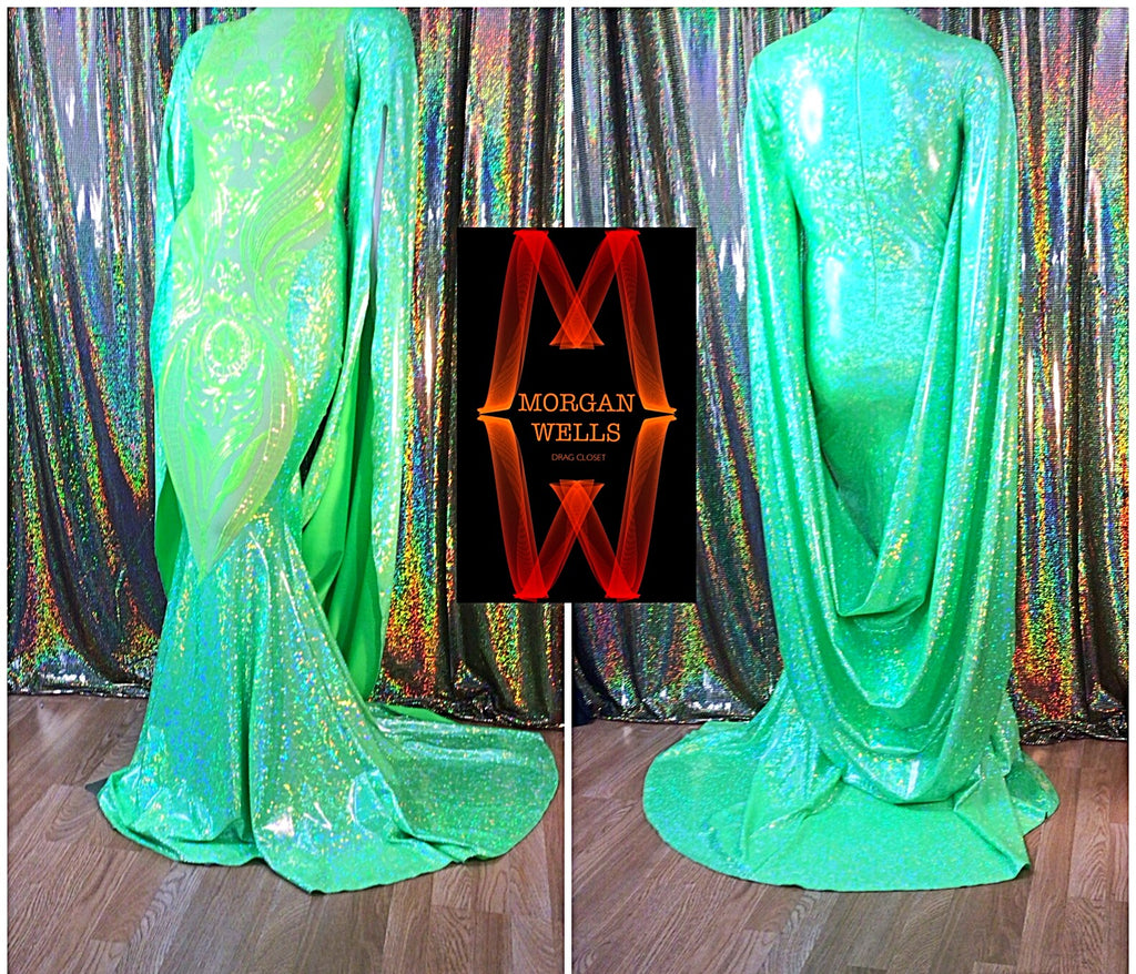 HOLOGRAM AND SEQUIN CAPE SLEEVE GOWN IN LIME GREEN