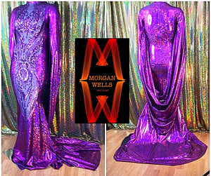 HOLOGRAM AND SEQUIN CAPE SLEEVE GOWN IN RICH PURPLE