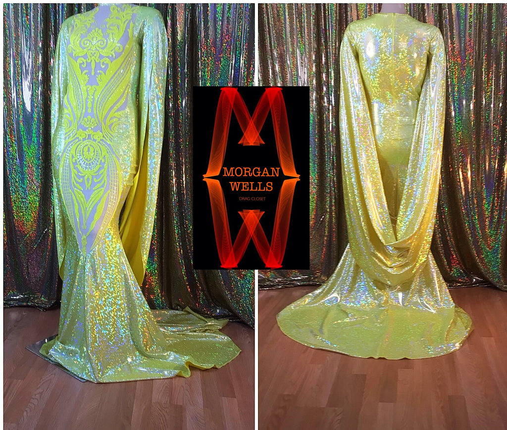 HOLOGRAM AND SEQUIN CAPE SLEEVE GOWN IN RICH YELLOW