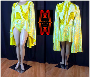 WAVEY SEQUIN AND HOLOGRAM SPANDEX LEOTARD IN YELLOW