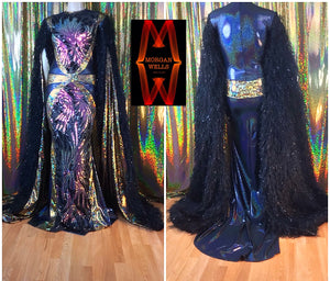 SEQUIN AND HOLOGRAM FLOOR LENGTH FAUX FEATHER SLEEVE SPARKLE STRETCH DRESS IN BLACK