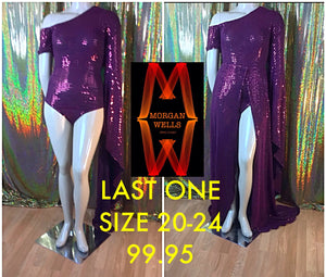 ONE SHOULDER WINE COLORED IRON ON SEQUIN LEOTARD AND MATCHING SKIRT SIZE 20-24