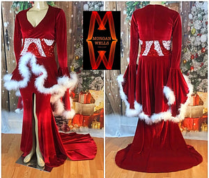 RED VELVET HOLIDAY FEATHER AND SEQUIN TRIMMED SPARKLE STRETCH DRESS