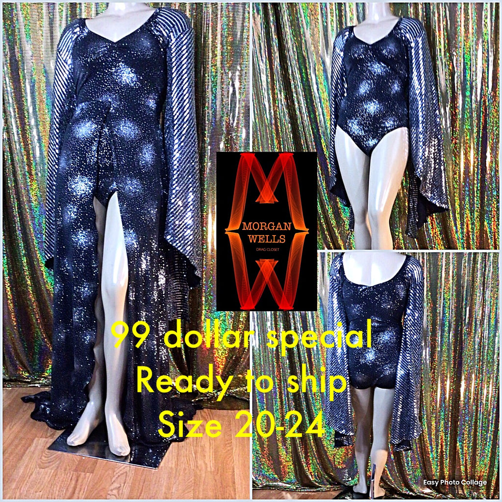 SILVER AND BLACK IRON ON SEQUIN LEOTARD AND MATCHING SKIRT SIZE 20-24