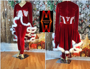 RED VELVET HOLIDAY FEATHER AND SEQUIN TRIMMED SPARKLE STRETCH CATSUIT