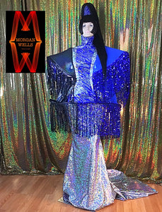 BLUE SILVER AND BLACK SEQUIN  FRINGE HOLOGRAM GOWN AND HAIRPIECE SIZE 16-20