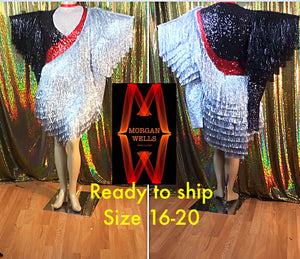SILVER BLACK AND RED SEQUIN AND TINSEL FRINGE DRESS/LEOTARD SIZE 16-20