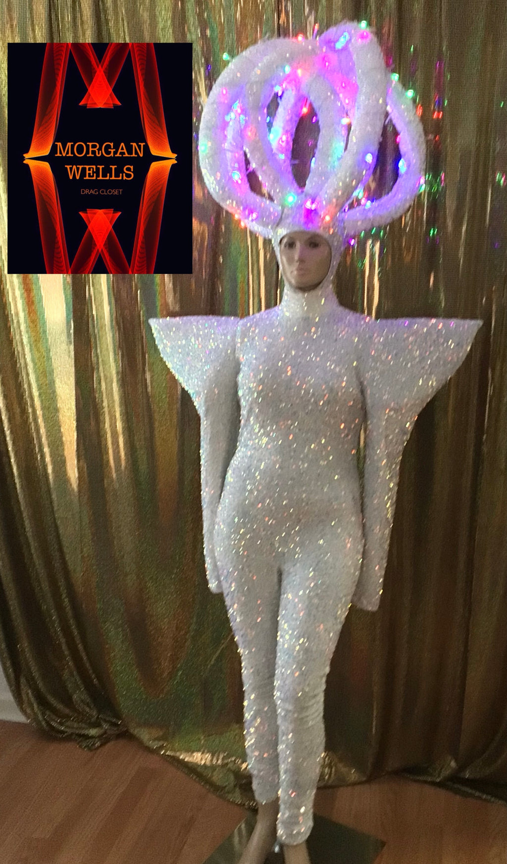 WHITE IRIDESCENT SEQUIN CATSUIT AND MATCHING LIGHTUP HEADPIECE