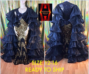 BLACK AND GOLD SEQUIN GOWN WITH FLOOR LENGTH RUFFLE SLEEVES SIZE 12-16