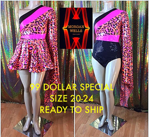 PINK LEOPARD PRINT ANDBLACK IRON ON SEQUIN LEOTARD AND MATCHING SKIRT SIZE 20-24