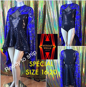 BLUE PRINT AND BLACK IRON ON SEQUIN LEOTARD AND MATCHING SKIRT SIZE 16-20
