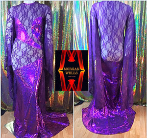 LACE ILLUSION AND HOLOGRAM DRESS IN DEEP PURPLE