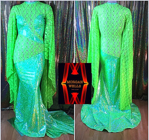 LACE ILLUSION AND HOLOGRAM DRESS IN LIME GREEN