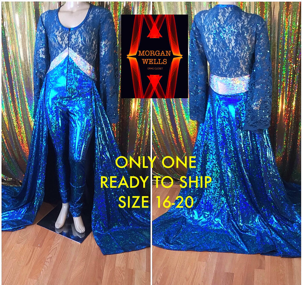 TEAL HOLOGRAM AND SEQUIN LACE SPANDEX  CATSUIT WITH OVERSKIRT SIZE 16-20
