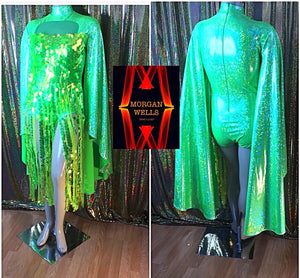 LIME GREEN IRIDESCENT SEQUIN FRINGE TRIM DANCE LEOTARD