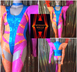 BUCKLE UP LEOTARD AND CHAPS IN TURQUOISE ORANGE AND HOT PINK