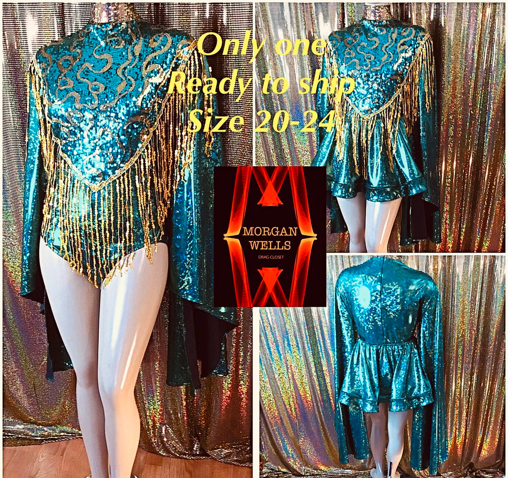 EMERALD GREEN AND GOLD LEOTARD WITH SEQUIN FINGE AND MATCHING SKIRT SIZE 20-24