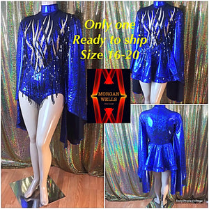 SAPPHIRE BLUE LEOTARD WITH SEQUIN FINGE AND MATCHING SKIRT SIZE 16-20