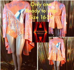 ORANGE AND SILVER LEOTARD WITH SEQUIN FINGE AND MATCHING SKIRT SIZE 16-20