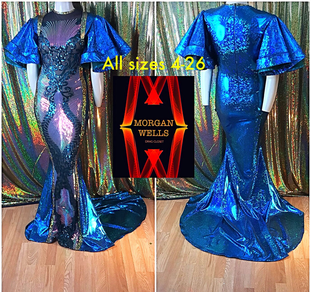 HOLOGRAM AND SEQUIN FLOUNCE SLEEVE GOWN IN TEAL