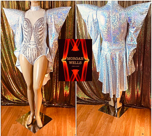 SILVER SEQUIN FRONT POINTED SHOULDER HOLOGRAM LEOTARD