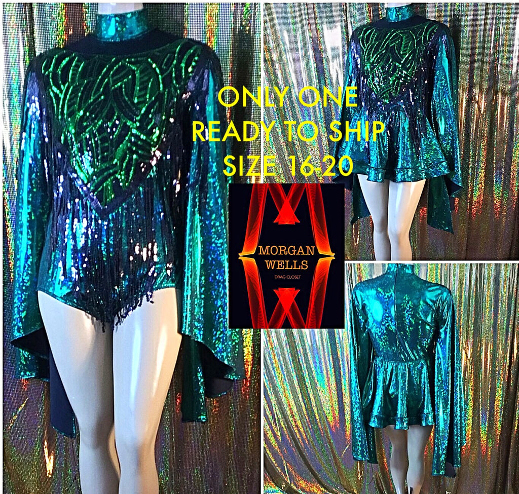 EMERALD GREEN AND BLACK SEQUIN TRIM LEOTARD AND MATCHING SKIRT SIZE 16-20