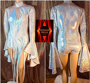 WHITE/SILVER SEQUIN TRIMMED LEOTARD