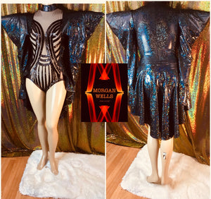 BLACK SEQUIN FRONT POINTED SHOULDER HOLOGRAM LEOTARD