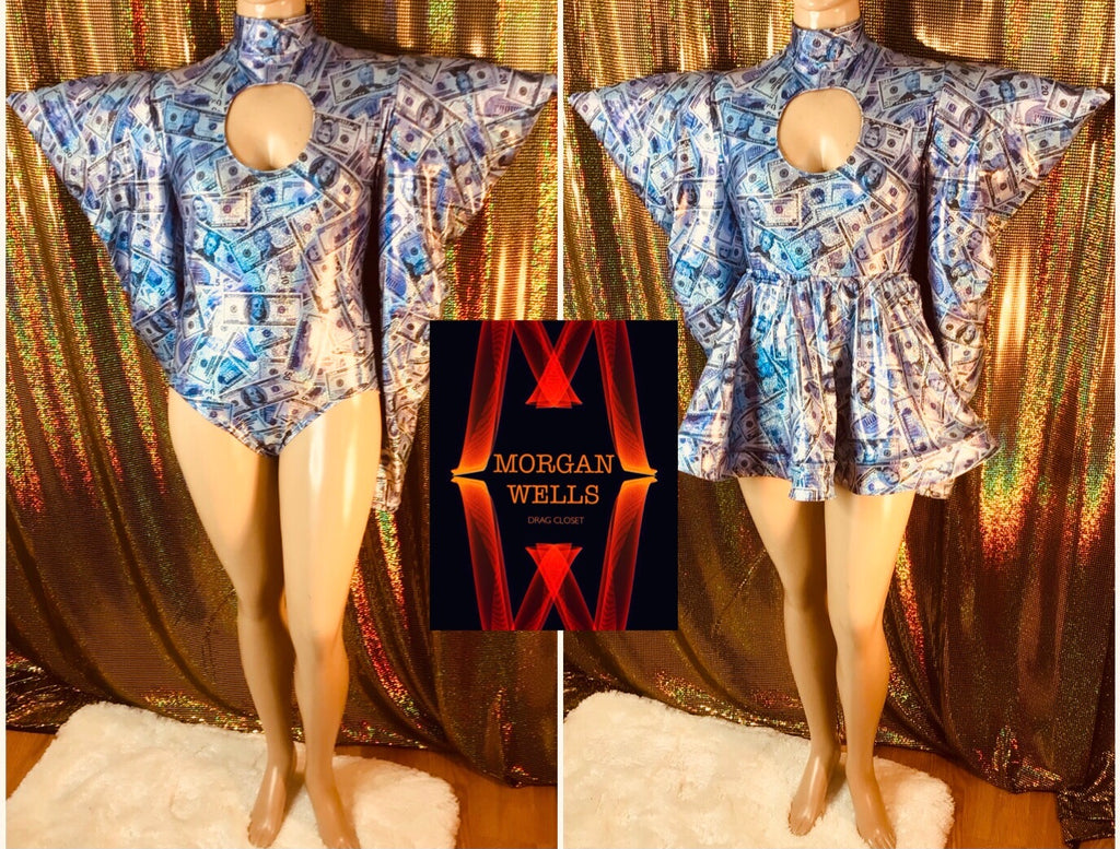 MONEY PRINT HOLOGRAM LEOTARD AND MATCHING SKIRT SIZE 16-20