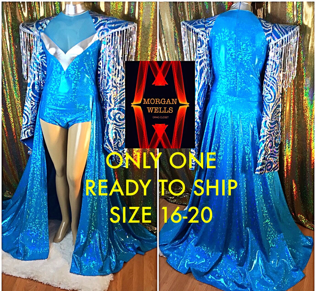 TURQUOISE AND SILVER LEOTARD WITH SEQUIN FINGE SIZE 16-20