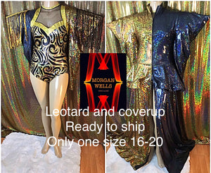 GOLD & BLACK LEOTARD WITH SEQUIN FINGE AND MATCHING COVERUP SIZE 16-20)