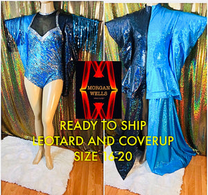 TURQUOISE & BLACK LEOTARD WITH SEQUIN FINGE AND MATCHING COVERUP SIZE 16-20)